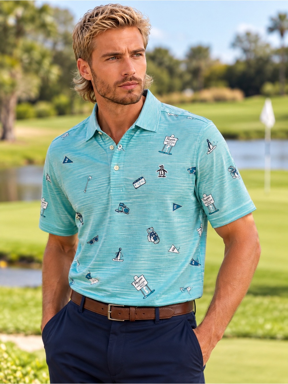 Original Penguin Mini Golf Polo Men’s L Aqua Stretch Performance Novelty Print